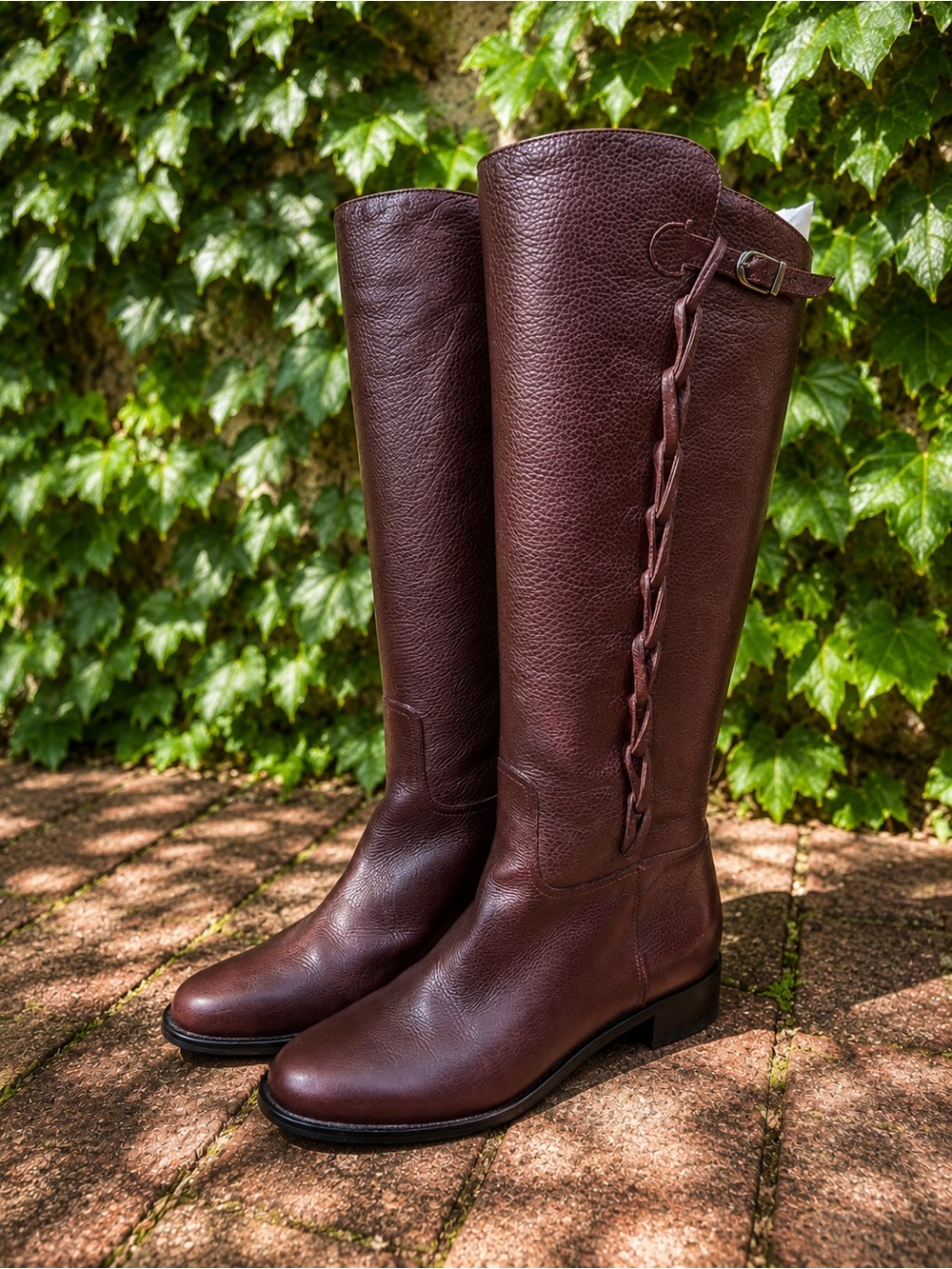 ANTONIO MELANI Brown Pebbled Leather Braided Equestrian Riding Boots, 8M